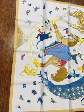 Hermes Pink Trim Cream and Mustard Silk Scarf